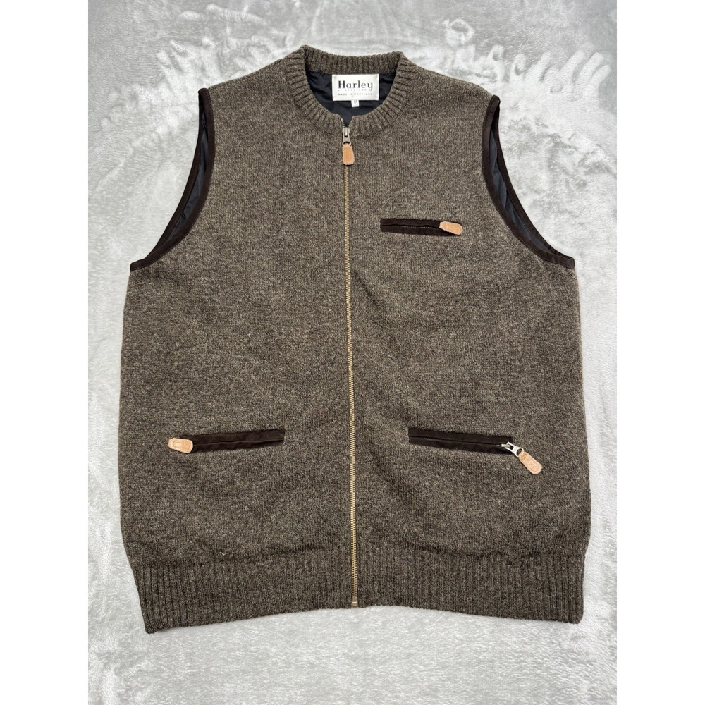 Harley of Scotland Sweater Vest Mens Medium Brown Wool Utility Vintage 90s Y2K